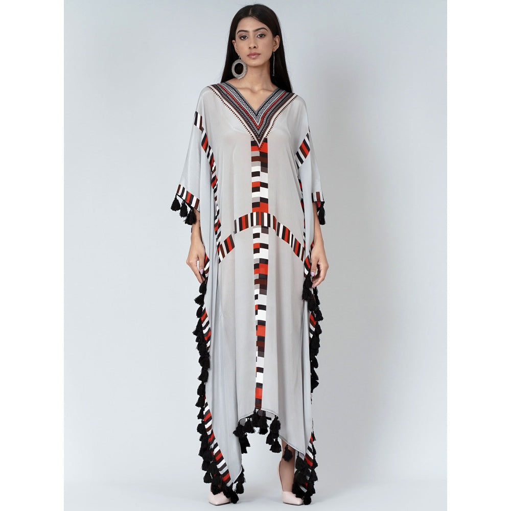 First Resort by Ramola Bachchan Grey Geometric Mid Length Kaftan With Lace