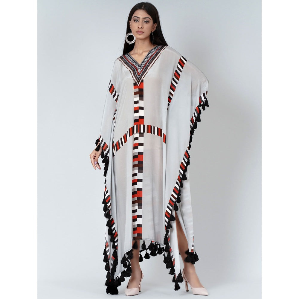 First Resort by Ramola Bachchan Grey Geometric Mid Length Kaftan With Lace