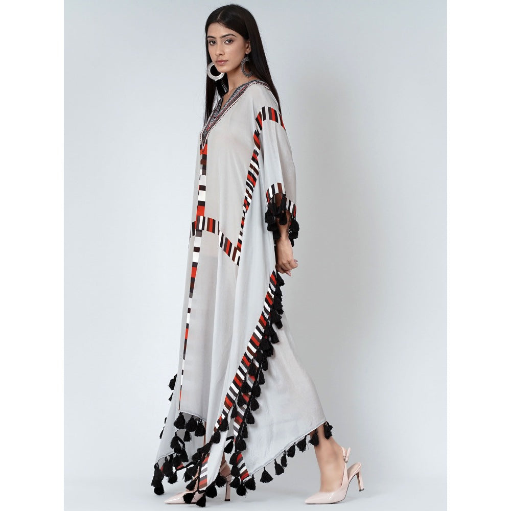 First Resort by Ramola Bachchan Grey Geometric Mid Length Kaftan With Lace