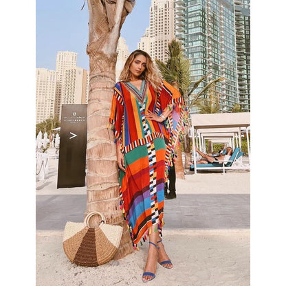 First Resort by Ramola Bachchan Multicoloured Geometric Mid Length Kaftan With Lace