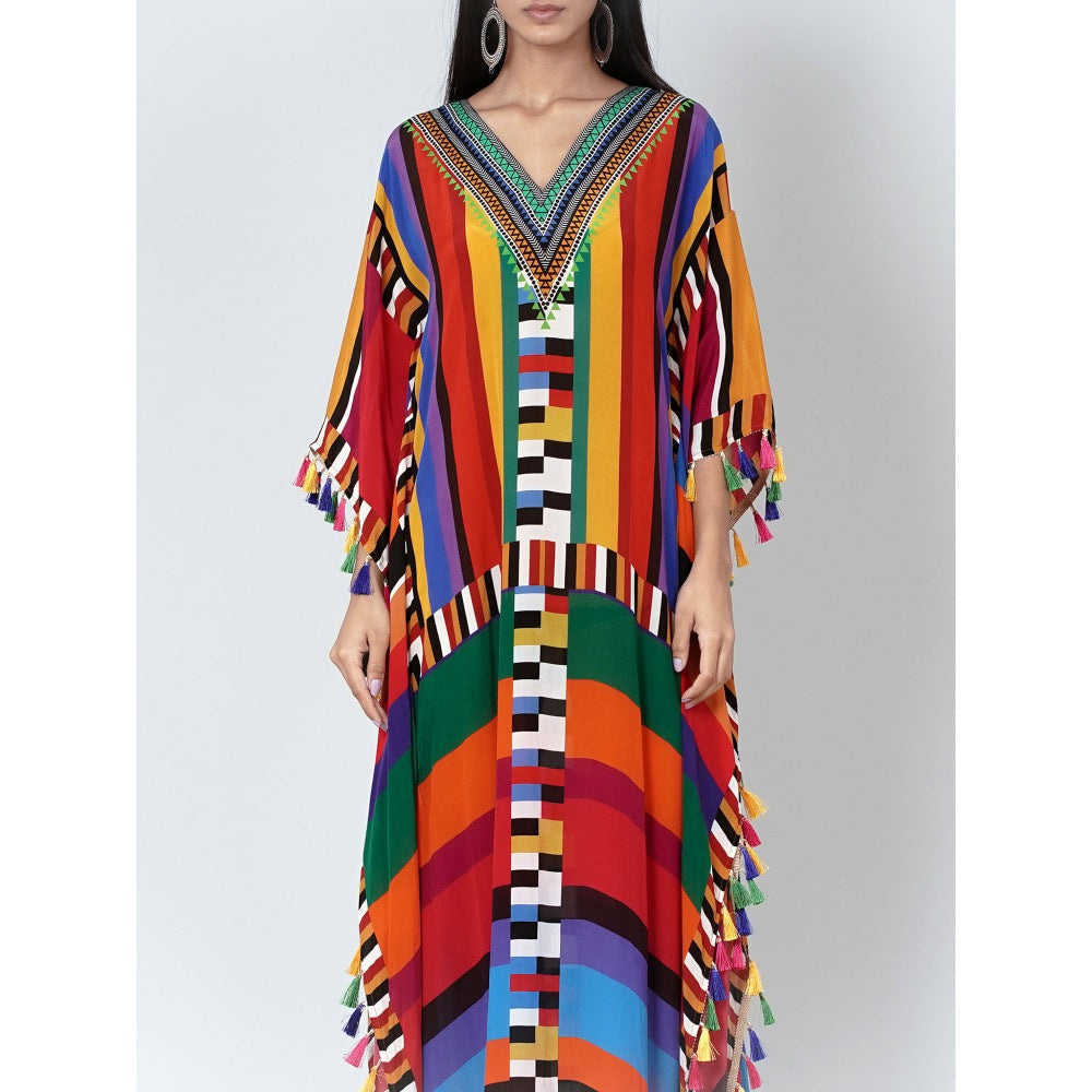 First Resort by Ramola Bachchan Multicoloured Geometric Mid Length Kaftan With Lace