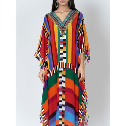 First Resort by Ramola Bachchan Multicoloured Geometric Mid Length Kaftan With Lace