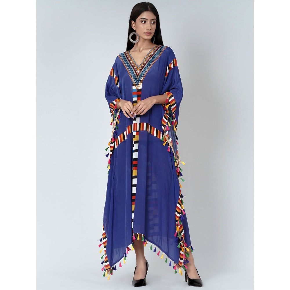 First Resort by Ramola Bachchan Navy Blue Geometric Mid Length Kaftan With Lace