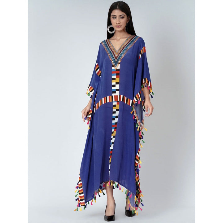 First Resort by Ramola Bachchan Navy Blue Geometric Mid Length Kaftan With Lace