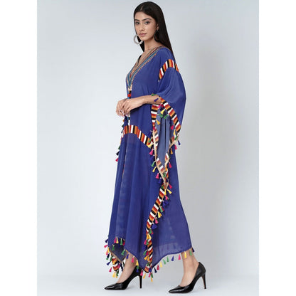 First Resort by Ramola Bachchan Navy Blue Geometric Mid Length Kaftan With Lace