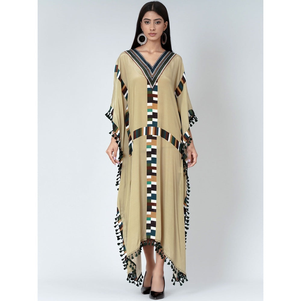 First Resort by Ramola Bachchan Olive Green Geometric Mid Length Kaftan With Lace