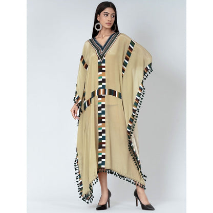First Resort by Ramola Bachchan Olive Green Geometric Mid Length Kaftan With Lace