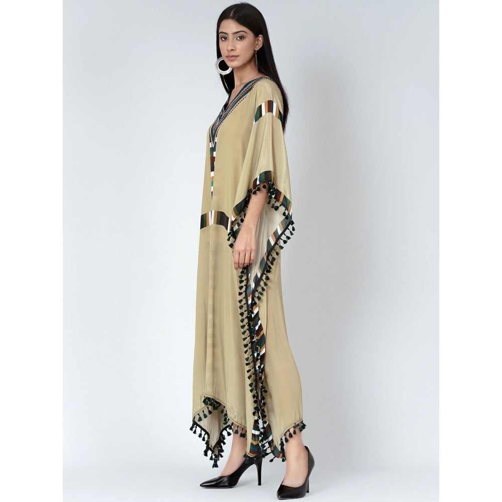 First Resort by Ramola Bachchan Olive Green Geometric Mid Length Kaftan With Lace