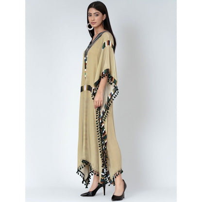 First Resort by Ramola Bachchan Olive Green Geometric Mid Length Kaftan With Lace