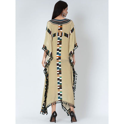 First Resort by Ramola Bachchan Olive Green Geometric Mid Length Kaftan With Lace