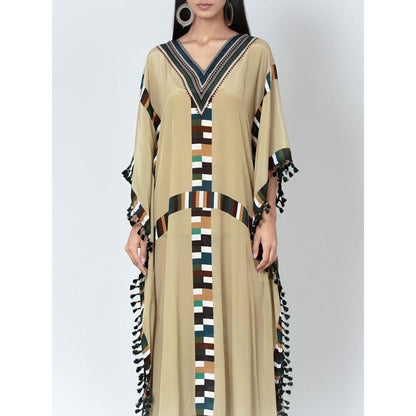 First Resort by Ramola Bachchan Olive Green Geometric Mid Length Kaftan With Lace