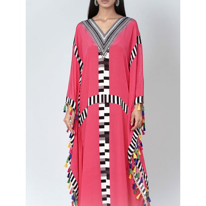 First Resort by Ramola Bachchan Pink Geometric Mid Length Kaftan With Lace