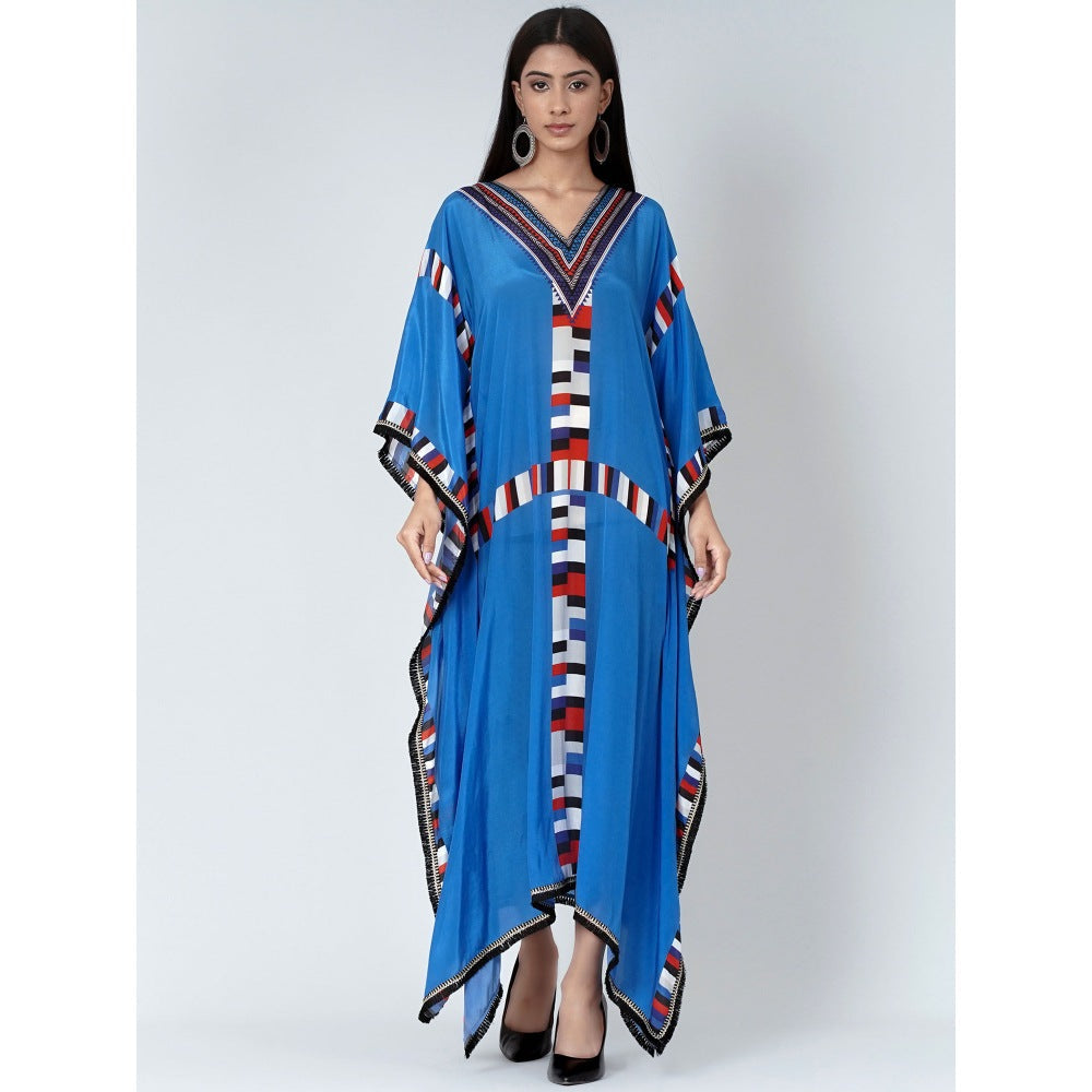 First Resort by Ramola Bachchan Royal Blue Geometric Mid Length Kaftan With Lace