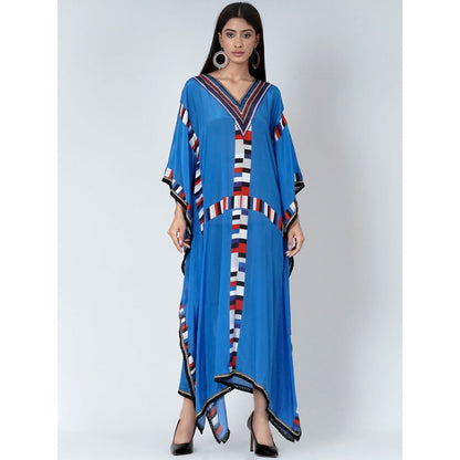 First Resort by Ramola Bachchan Royal Blue Geometric Mid Length Kaftan With Lace