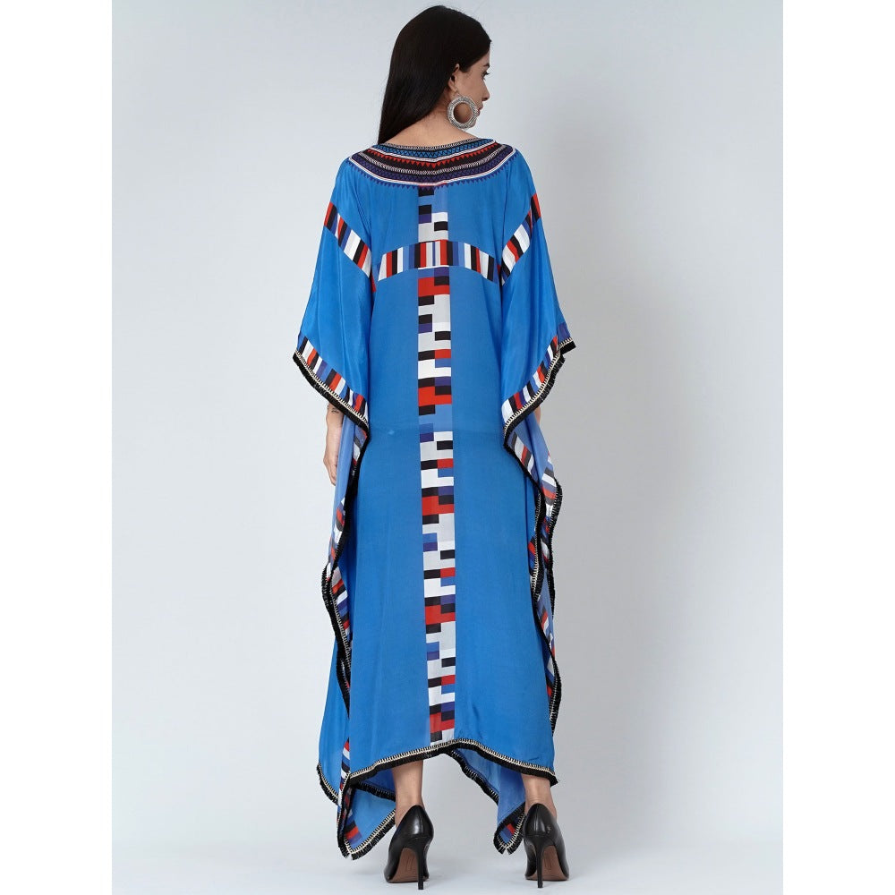First Resort by Ramola Bachchan Royal Blue Geometric Mid Length Kaftan With Lace