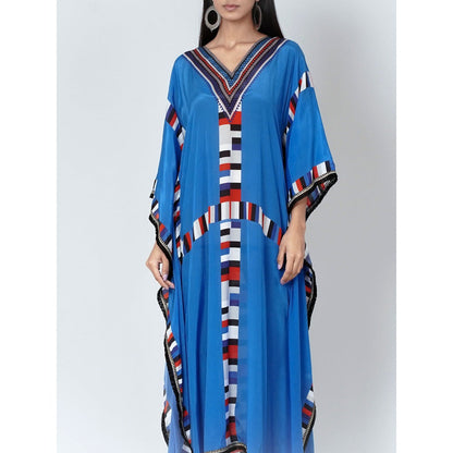 First Resort by Ramola Bachchan Royal Blue Geometric Mid Length Kaftan With Lace