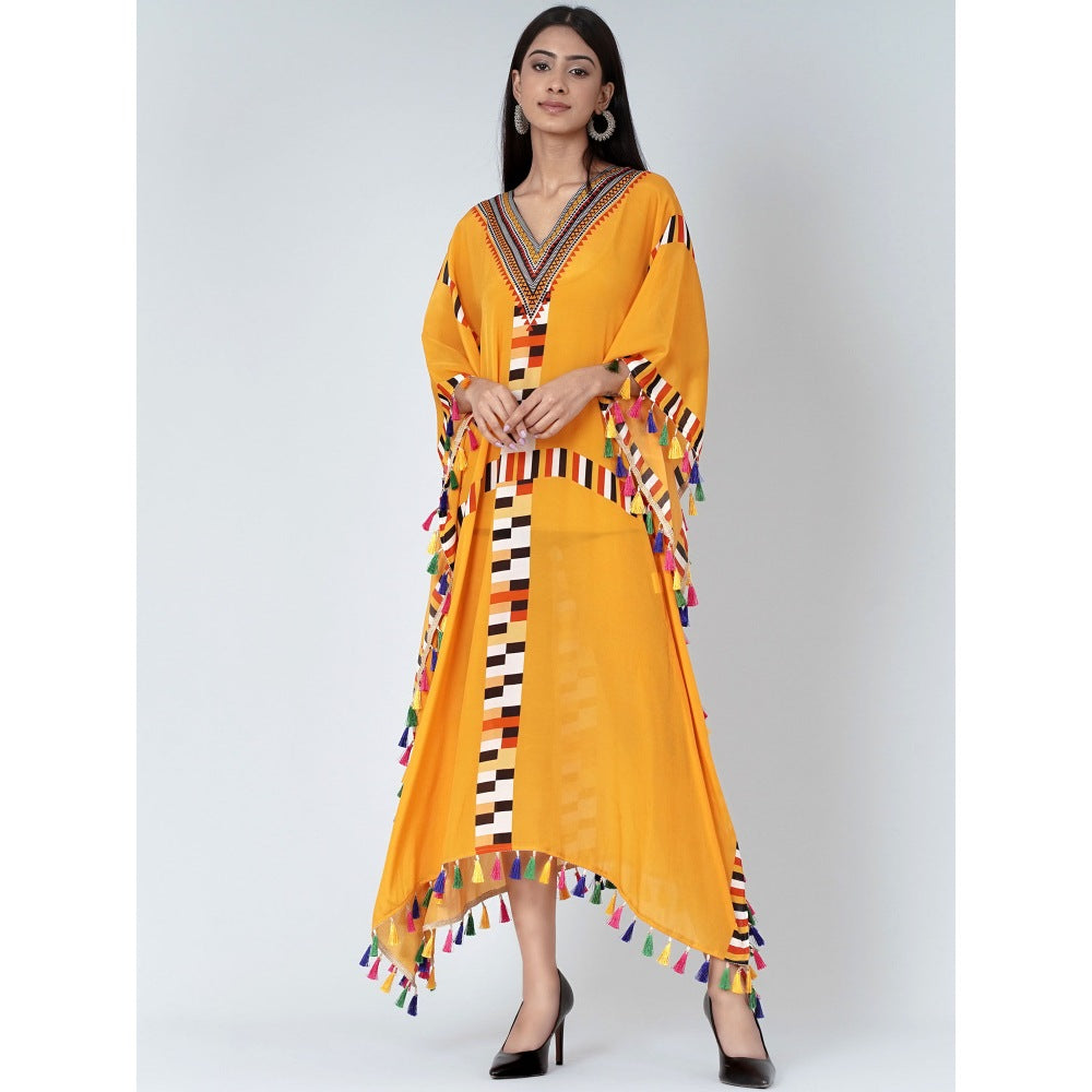 First Resort by Ramola Bachchan Yellow Geometric Mid Length Kaftan With Lace