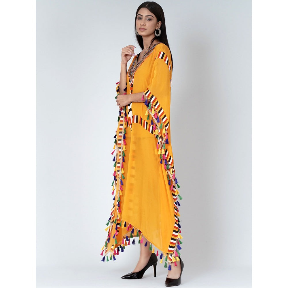 First Resort by Ramola Bachchan Yellow Geometric Mid Length Kaftan With Lace