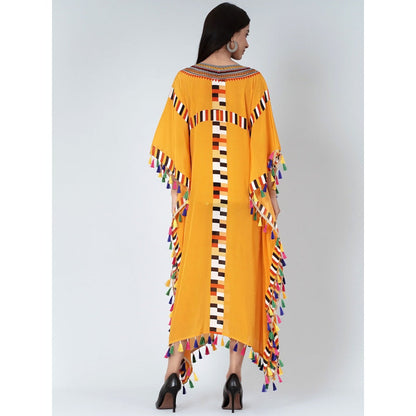 First Resort by Ramola Bachchan Yellow Geometric Mid Length Kaftan With Lace