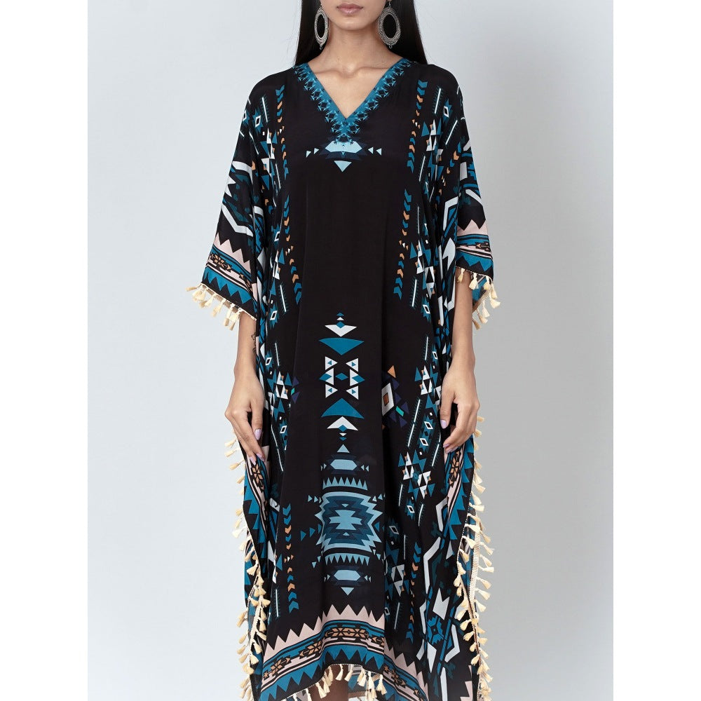 First Resort by Ramola Bachchan Black And Blue Aztec Mid Length Kaftan