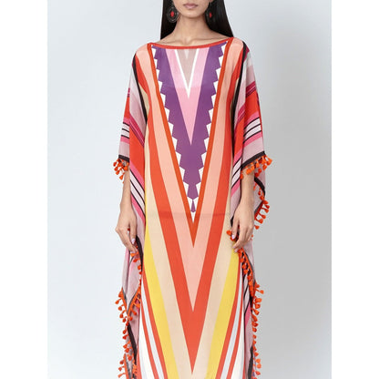 First Resort by Ramola Bachchan Orange Candy Stripe Mid Length Kaftan