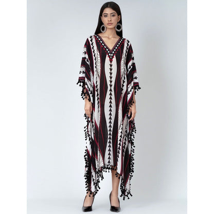 First Resort by Ramola Bachchan Black And Maroon Geometric Swirl Mid Length Kaftan