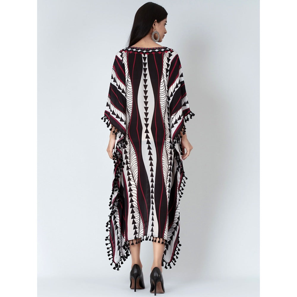 First Resort by Ramola Bachchan Black And Maroon Geometric Swirl Mid Length Kaftan