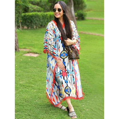 First Resort by Ramola Bachchan White And Orange Modern Geometric Mid Length Kaftan