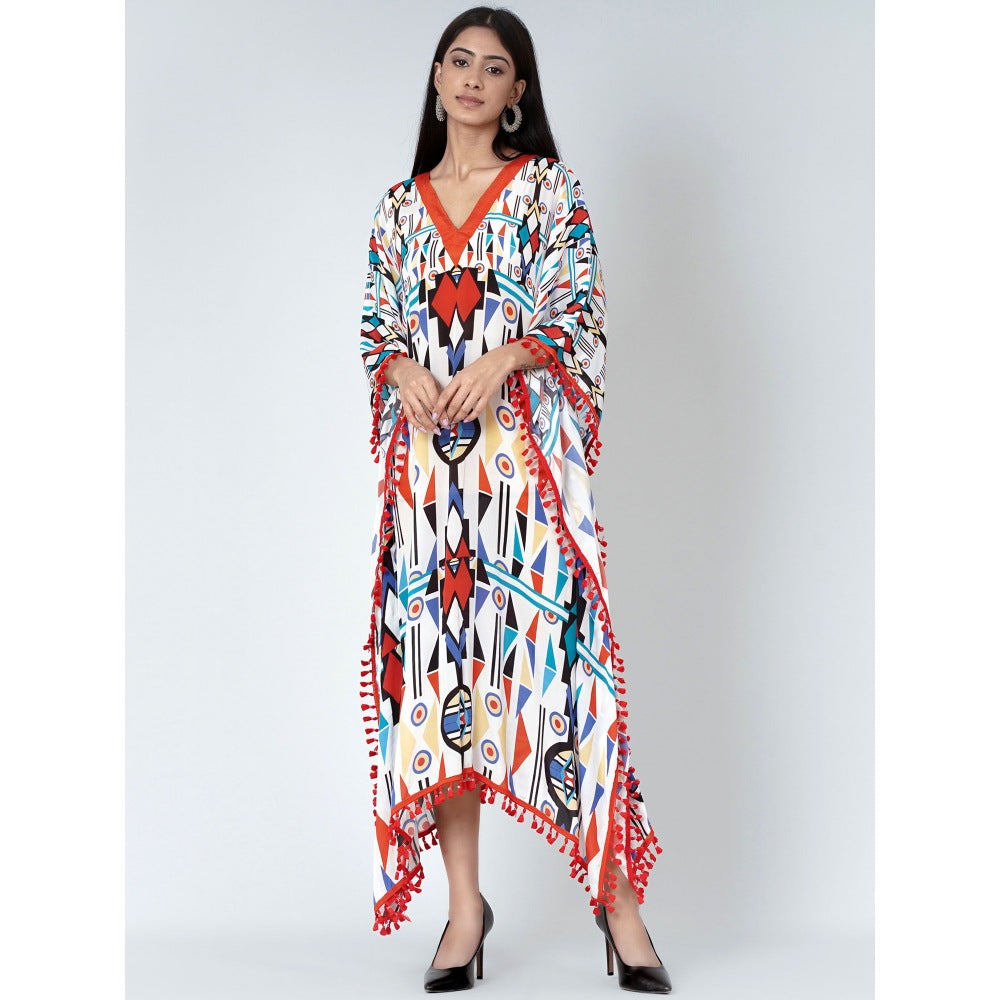 First Resort by Ramola Bachchan White And Orange Modern Geometric Mid Length Kaftan