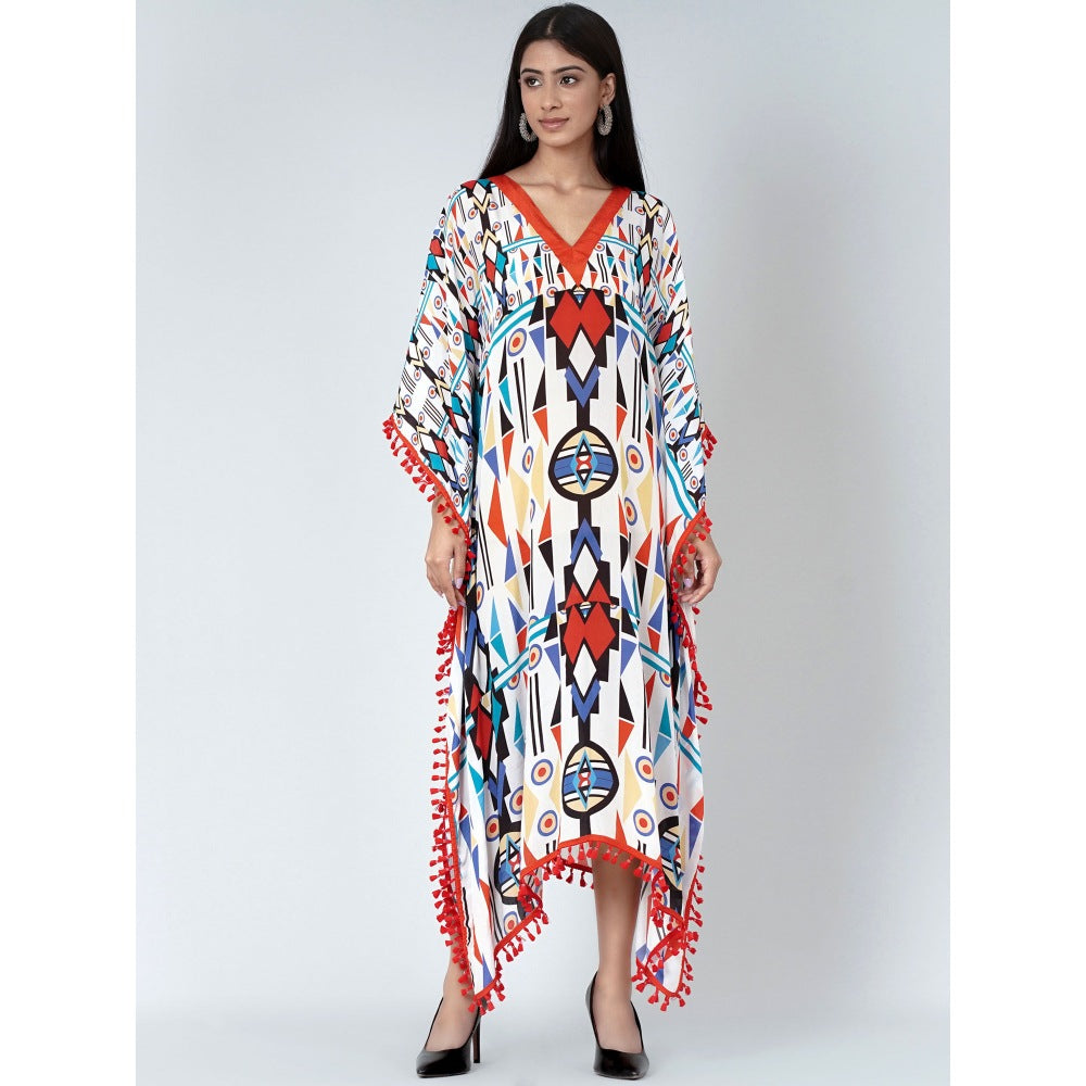 First Resort by Ramola Bachchan White And Orange Modern Geometric Mid Length Kaftan