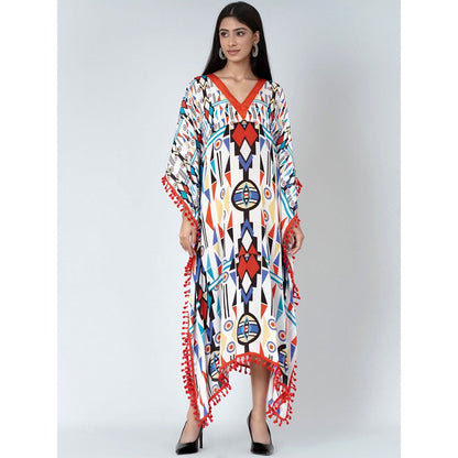 First Resort by Ramola Bachchan White And Orange Modern Geometric Mid Length Kaftan