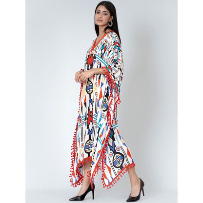 First Resort by Ramola Bachchan White And Orange Modern Geometric Mid Length Kaftan
