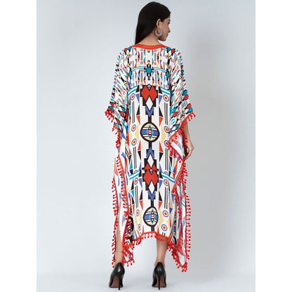 First Resort by Ramola Bachchan White And Orange Modern Geometric Mid Length Kaftan