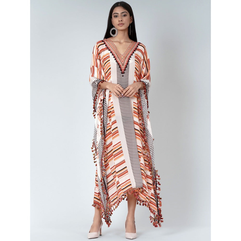 First Resort by Ramola Bachchan Orange Stripe Mid Length Kaftan