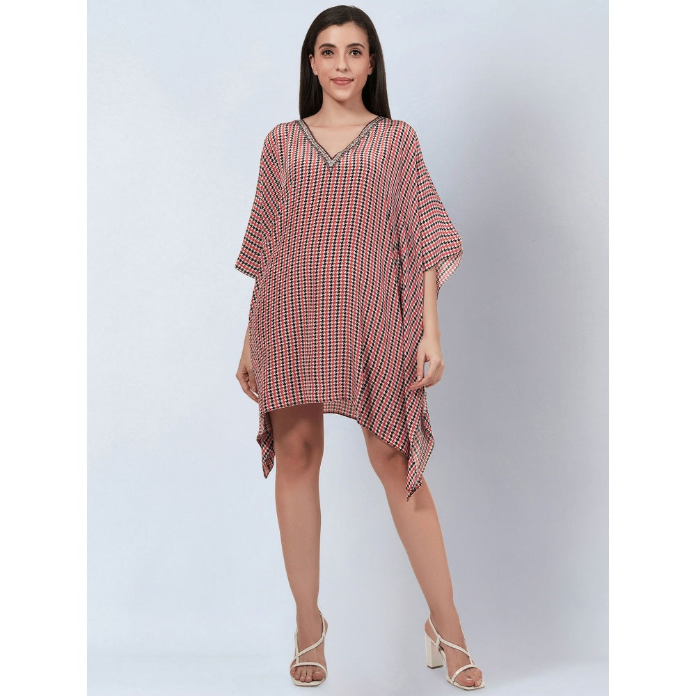 First Resort by Ramola Bachchan Red Embellished Houndstooth Kaftan Top