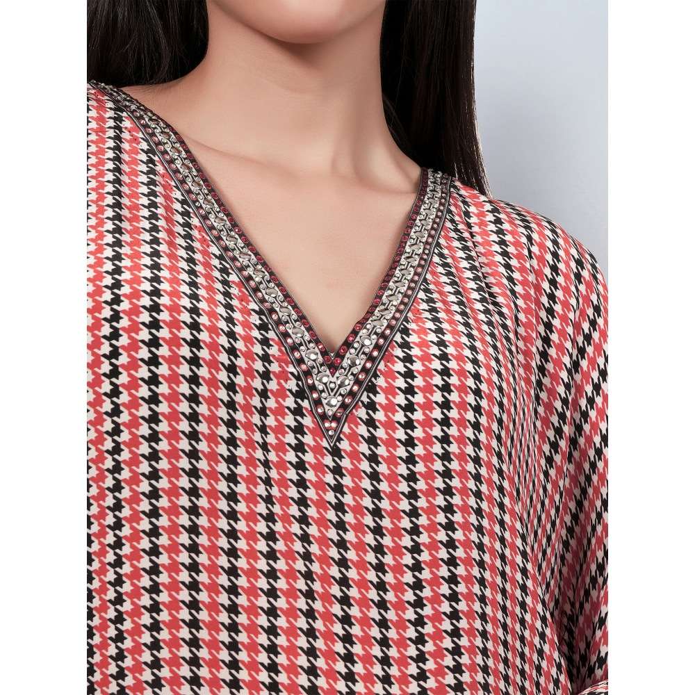 First Resort by Ramola Bachchan Red Embellished Houndstooth Kaftan Top