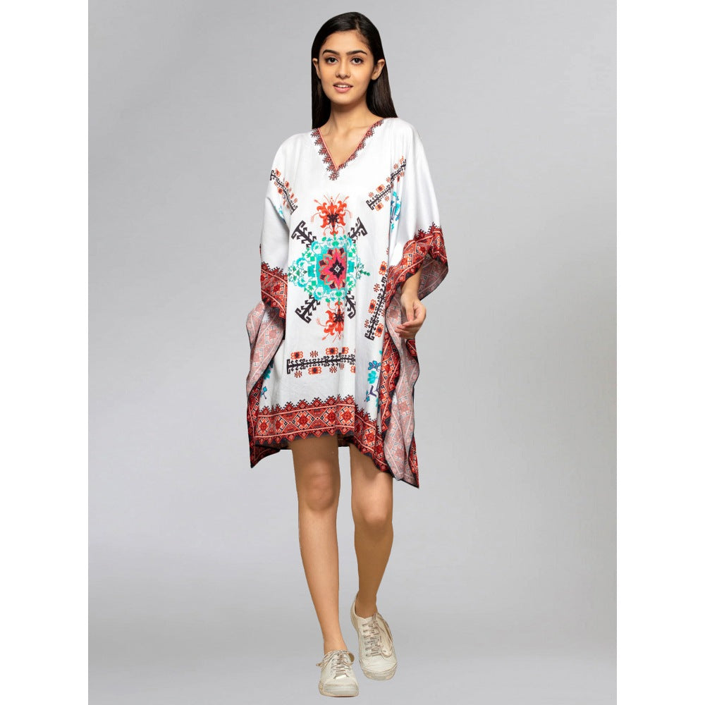 First Resort by Ramola Bachchan White And Blue Mosaic Print Kaftan Top