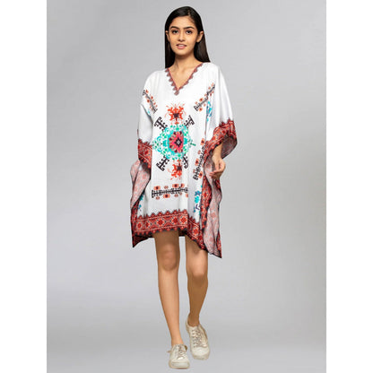 First Resort by Ramola Bachchan White And Blue Mosaic Print Kaftan Top
