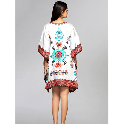 First Resort by Ramola Bachchan White And Blue Mosaic Print Kaftan Top