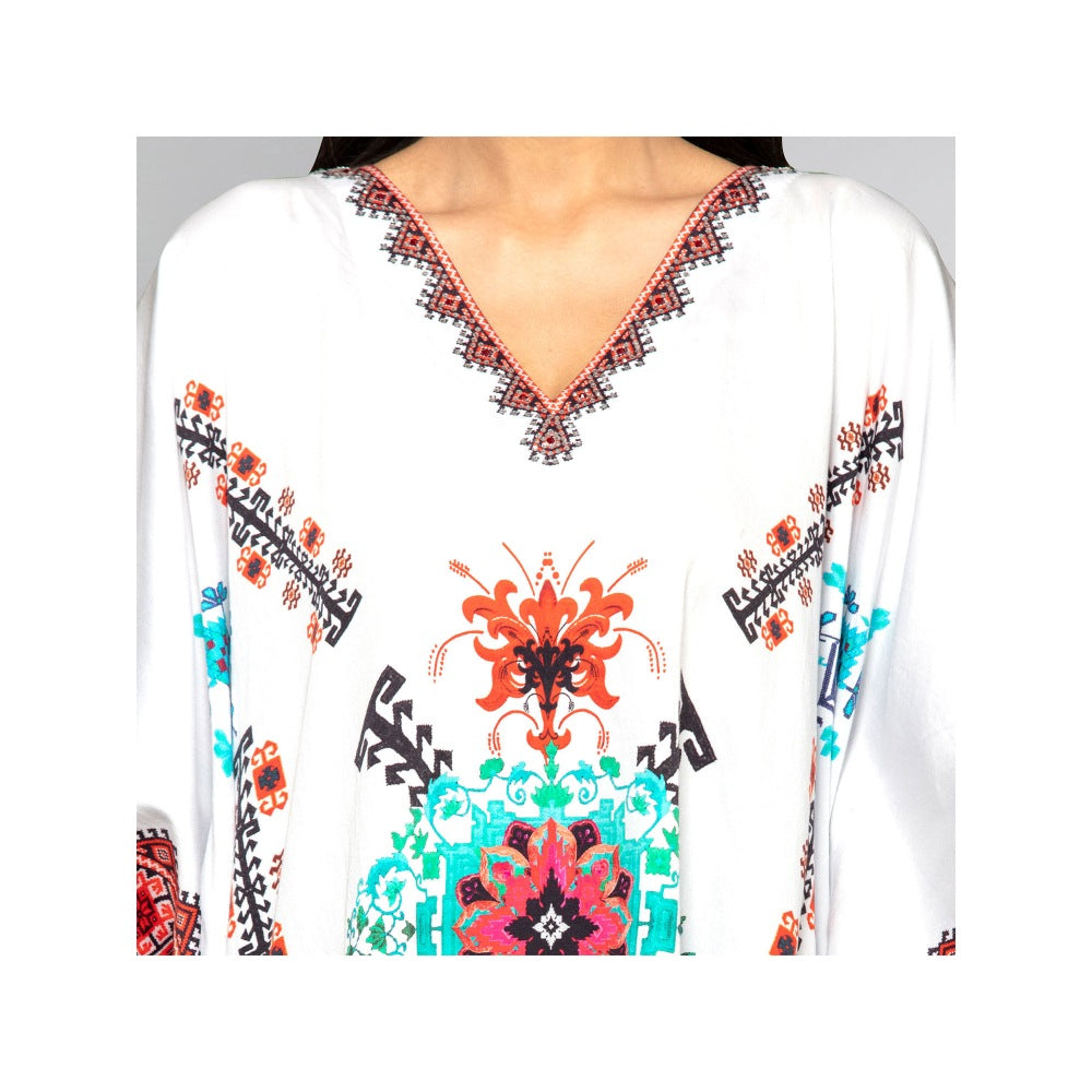 First Resort by Ramola Bachchan White And Blue Mosaic Print Kaftan Top