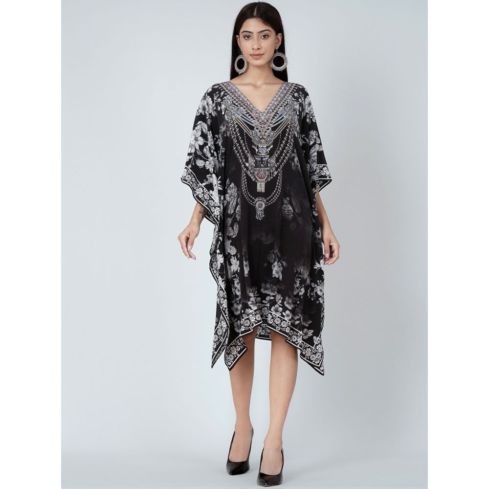 First Resort by Ramola Bachchan Black And White Floral Print Silk Kaftan Tunic