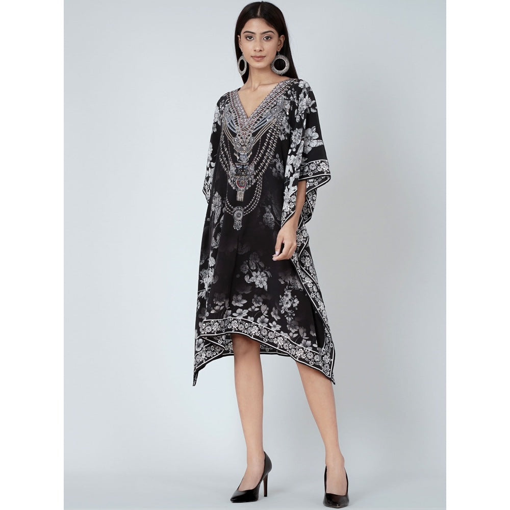 First Resort by Ramola Bachchan Black And White Floral Print Silk Kaftan Tunic