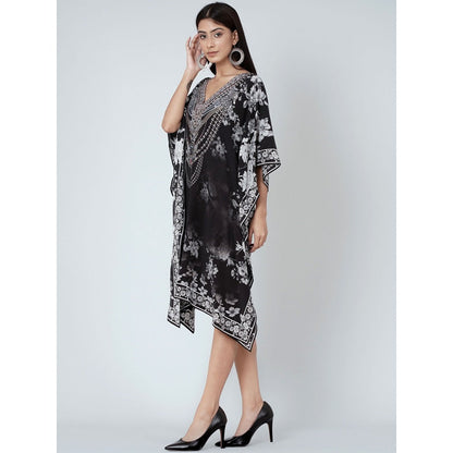 First Resort by Ramola Bachchan Black And White Floral Print Silk Kaftan Tunic