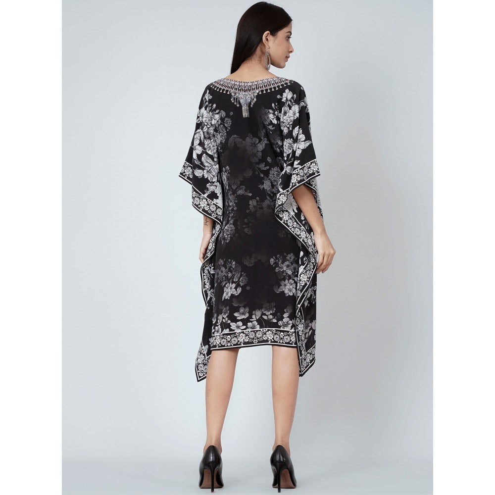 First Resort by Ramola Bachchan Black And White Floral Print Silk Kaftan Tunic