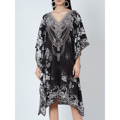 First Resort by Ramola Bachchan Black And White Floral Print Silk Kaftan Tunic