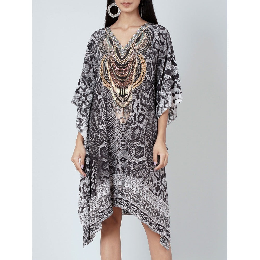 First Resort by Ramola Bachchan Grey And Black Python Print Silk Kaftan Tunic