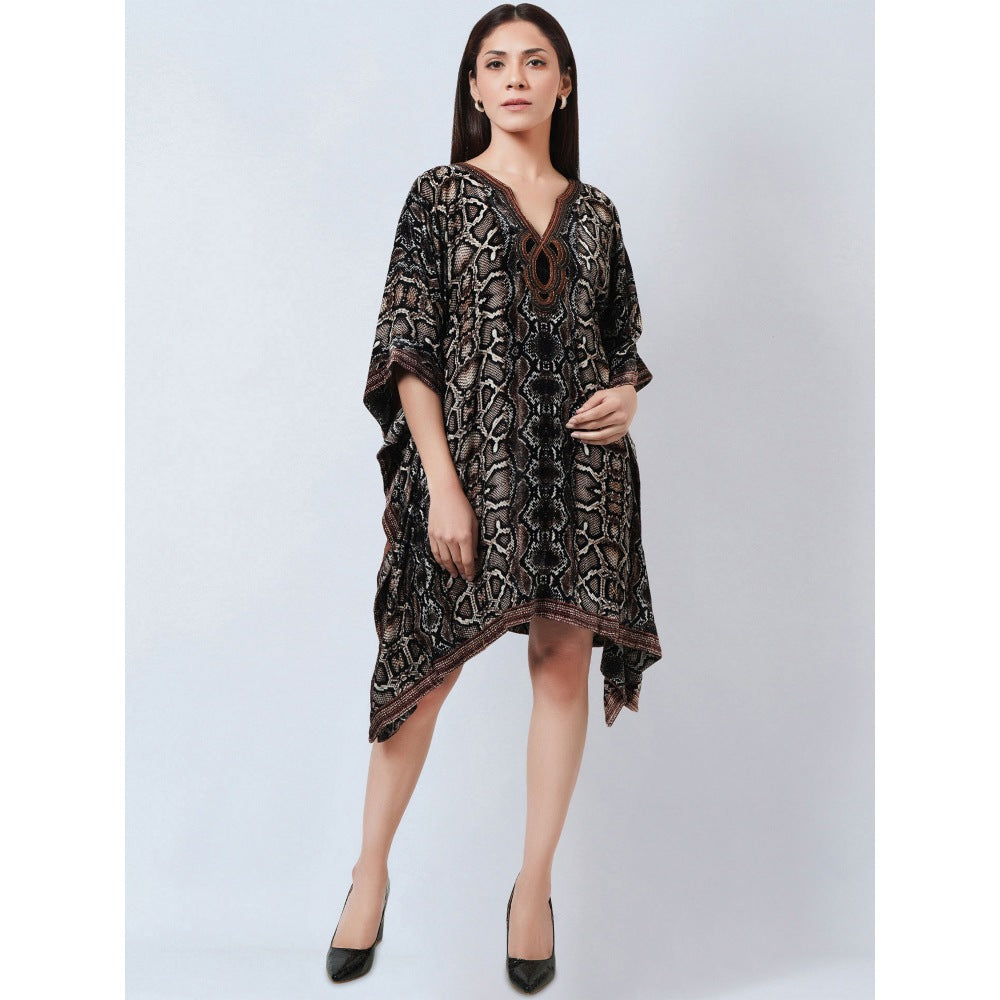 First Resort by Ramola Bachchan Brown Hand Embroidered Animal Print Silk Kaftan Tunic
