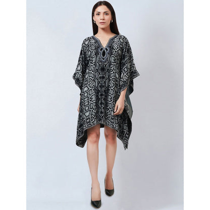 First Resort by Ramola Bachchan Grey Hand Embroidered Animal Print Silk Kaftan Tunic