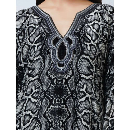First Resort by Ramola Bachchan Grey Hand Embroidered Animal Print Silk Kaftan Tunic