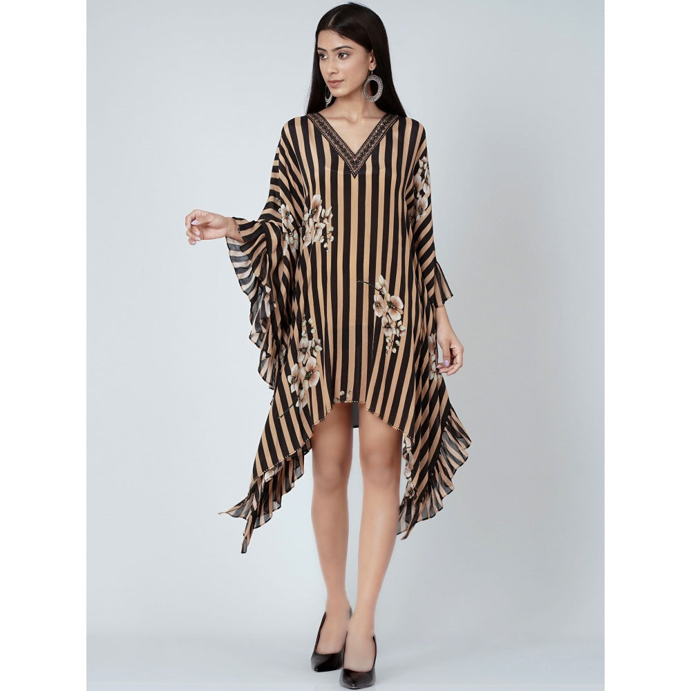 First Resort by Ramola Bachchan Black And Caramel Embellished Floral Frill Kaftan Tunic